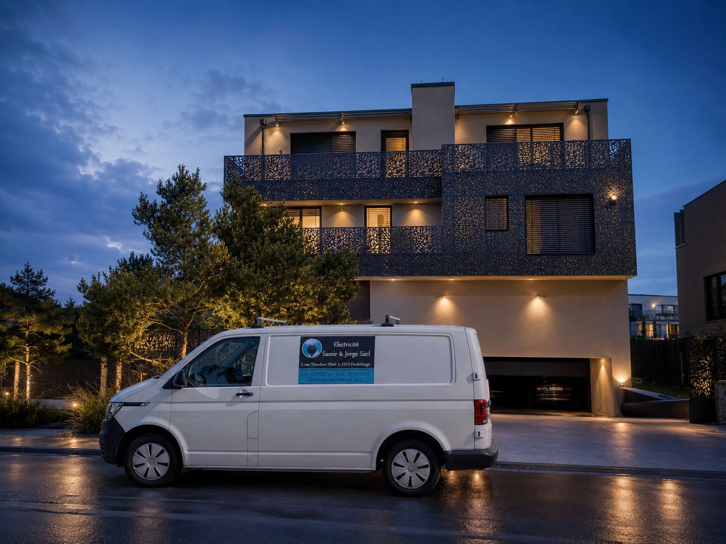 Camionnette Electricité Samir & Jorge devant une résidence moderne au Luxembourg